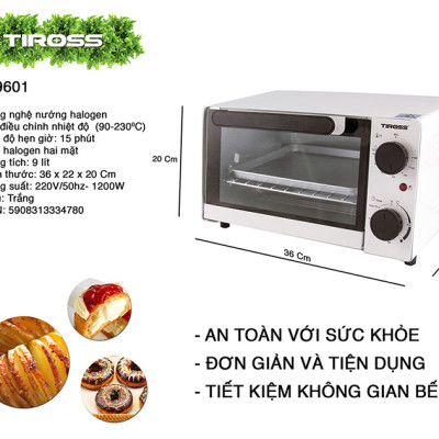 Lò Nướng Halogen Tiross TS9601 - 9L (Trắng) - Hàng chính hãng